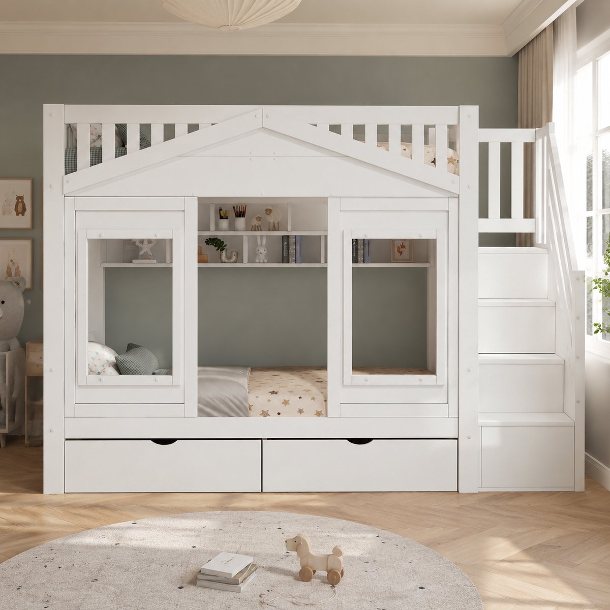 VVBV Stapelbed 90x200 cm - Uitvalbeveiliging, Opbergtrap, USB-Aansluiting, Huisvorm - Wit, Grenenhout