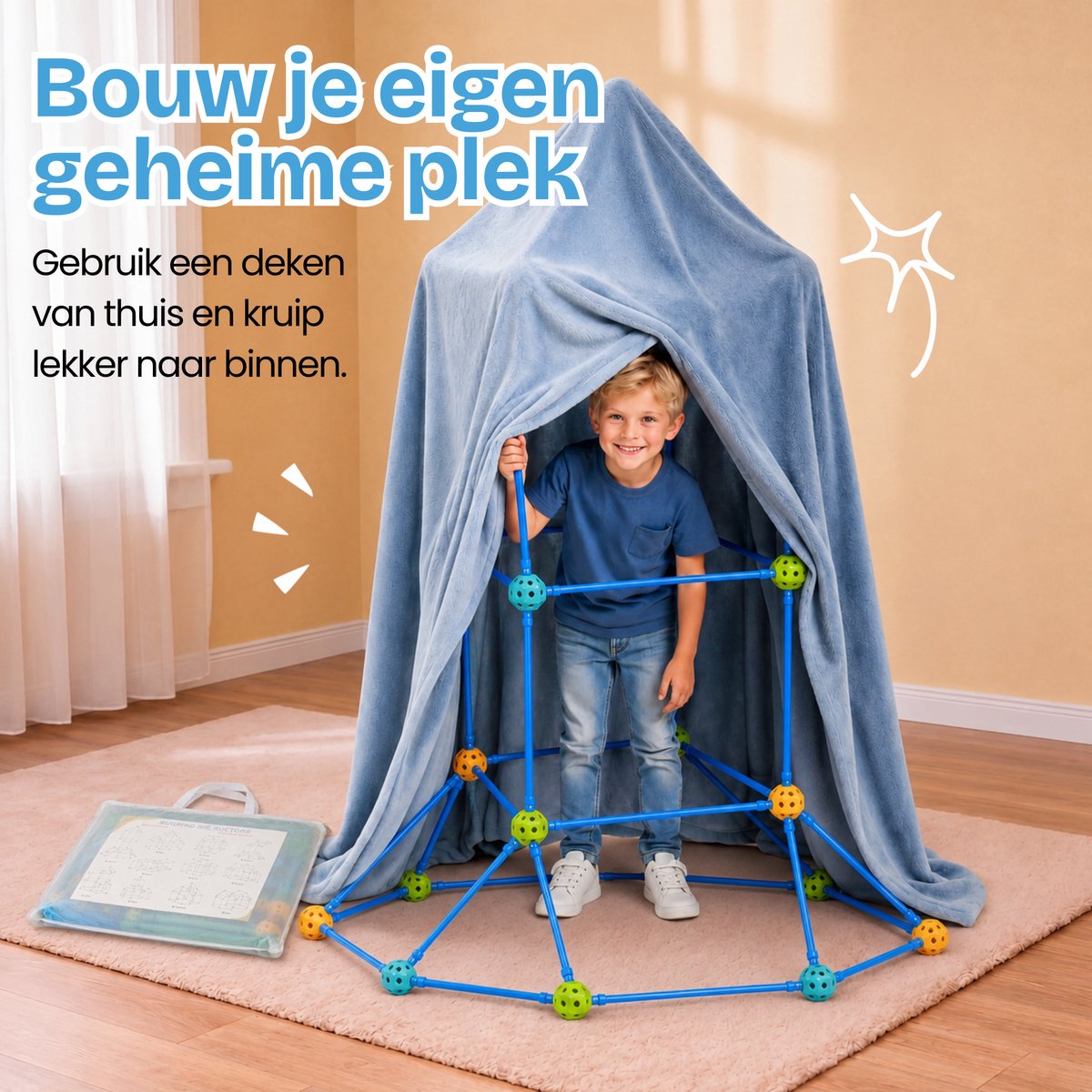 TinyPlay Fort Bouwpakket XXL 336 Onderdelen - Speelgoed 4 Jaar 5 Jaar - Kinderspeelgoed - Sensorisch Speelgoed - Bouwset Jongens Meisjes - Hut Bouwen - Speeltent -Megafort - Montessori Educatief Speelgoed - Incl. Opbergtas — afbeelding 11