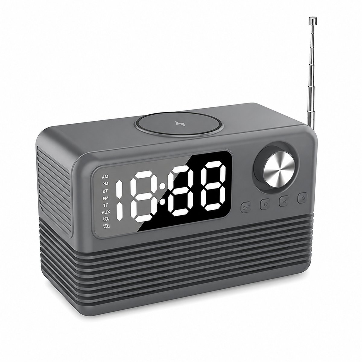 Bobypet - Digitale Wekker met 15W Draadloze Oplader - Bluetooth 5.3 Speaker en FM Radio - Dubbel Alarm met Snooze en Dimbaar LED Scherm - Oplaadbare Radioweekker voor Slaapkamer en Kantoor - Grijs