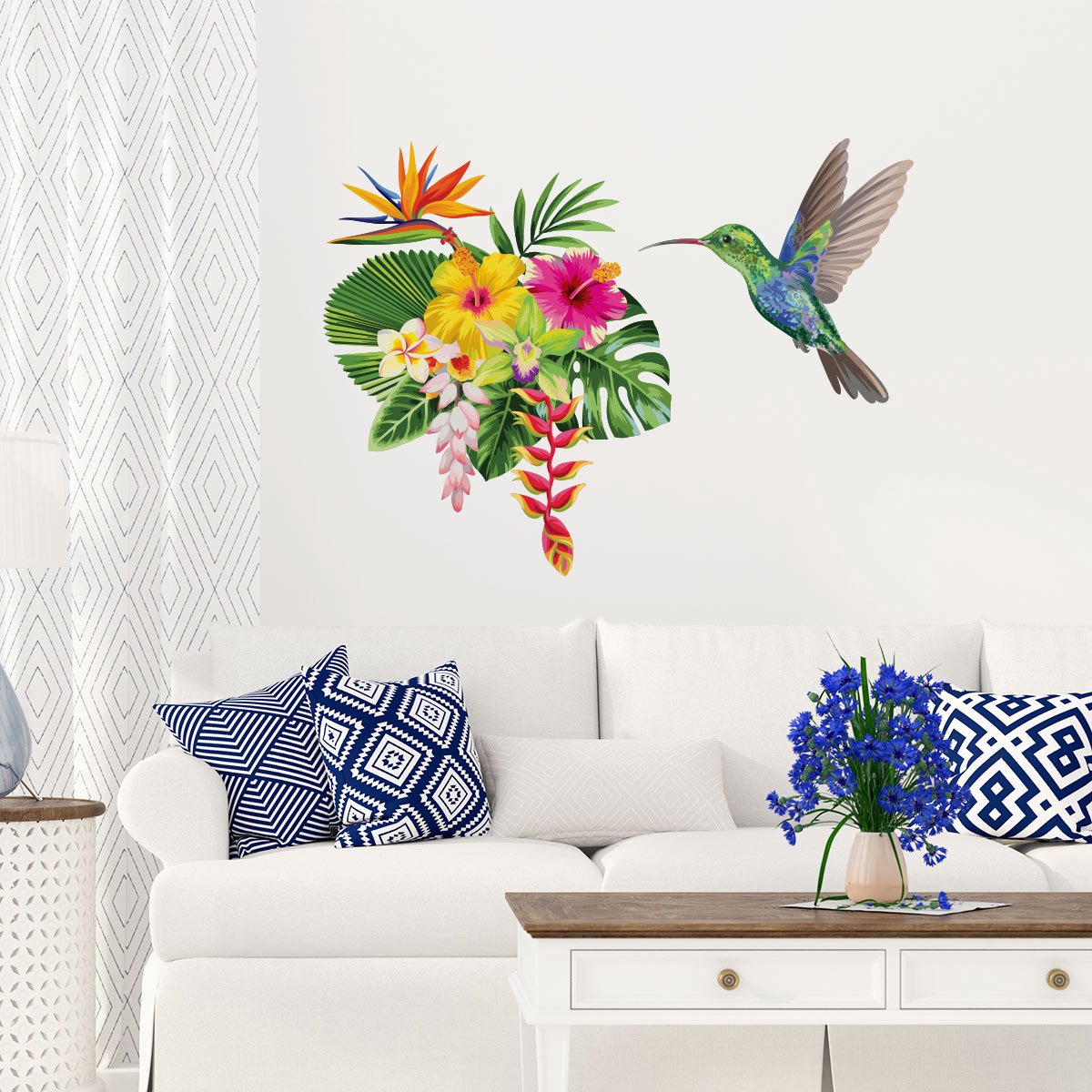 Ambiance Sticker Muurstickers - Tropische bloemen en kolibrie - Transparante achtergrond - 90x110cm Multi color