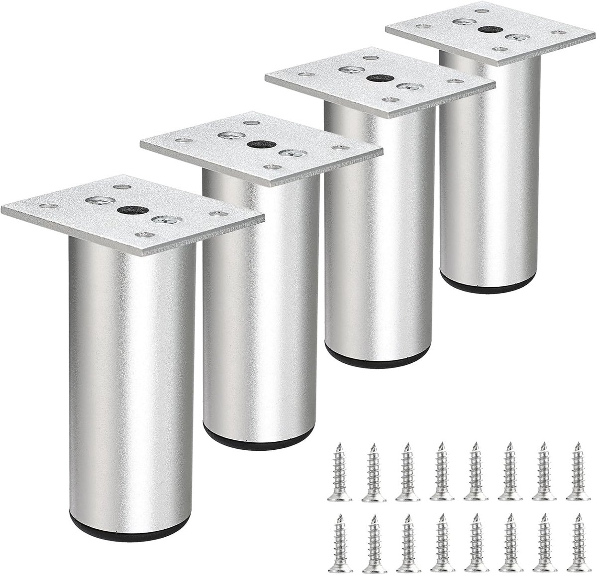 KZQ 4-delige set meubelpoten van aluminiumlegering – Verstelbare vervangingspoten – Inclusief bevestigingsmateriaal – 10 x 3,8 cm – Geschikt voor kasten, banken, bedden, bureaus en eettafels – Zilver