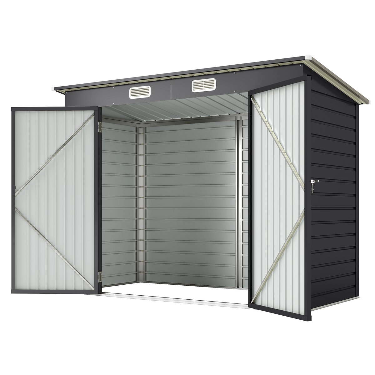 249x121x166-183 cm Tuinhuisje Metalen Opbergschuur met Dubbele Deur, Tuinberging Buitenberging Gereedschapsschuur Opslagruimte voor Tuingereedschap Poolaccessoires en Outdoor Apparatuur, Metalen Schuur Tuinopslag Grijs