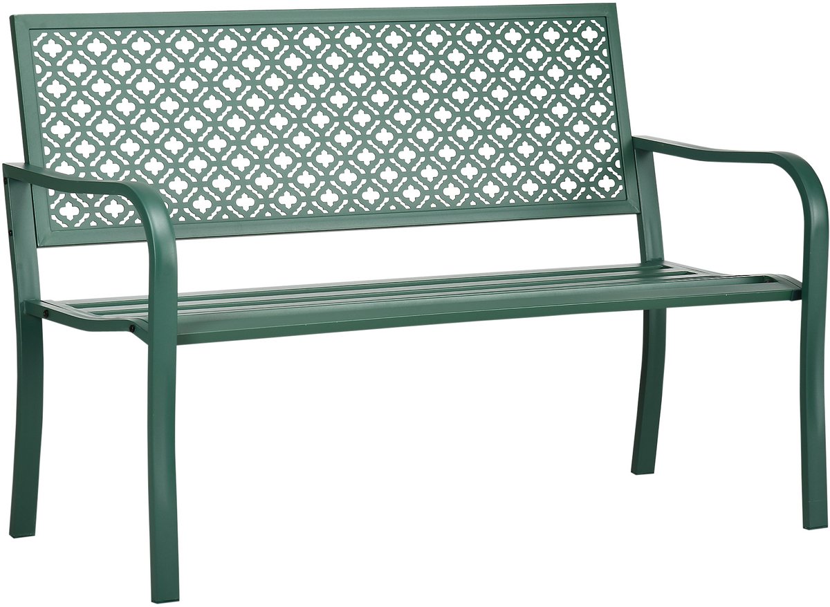 Stalen tuinbank – Tweezitsparkbank met rugleuning en armleuningen – Bank met bloemmotief – Maximaal draagvermogen 240 kg – Donkergroen – 127 x 63 x 83 cm