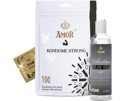 AMOR Premium condoom- en glijmiddelset - 100 condooms Strong 0.08 mm, Ø 53 mm + Vibratissimo Play Gel anal 250 ml