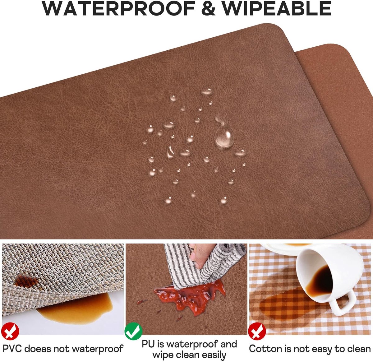 Solidchoice - Wasbare Placemats Set van 6 - Bruin Faux Leer 43x30cm