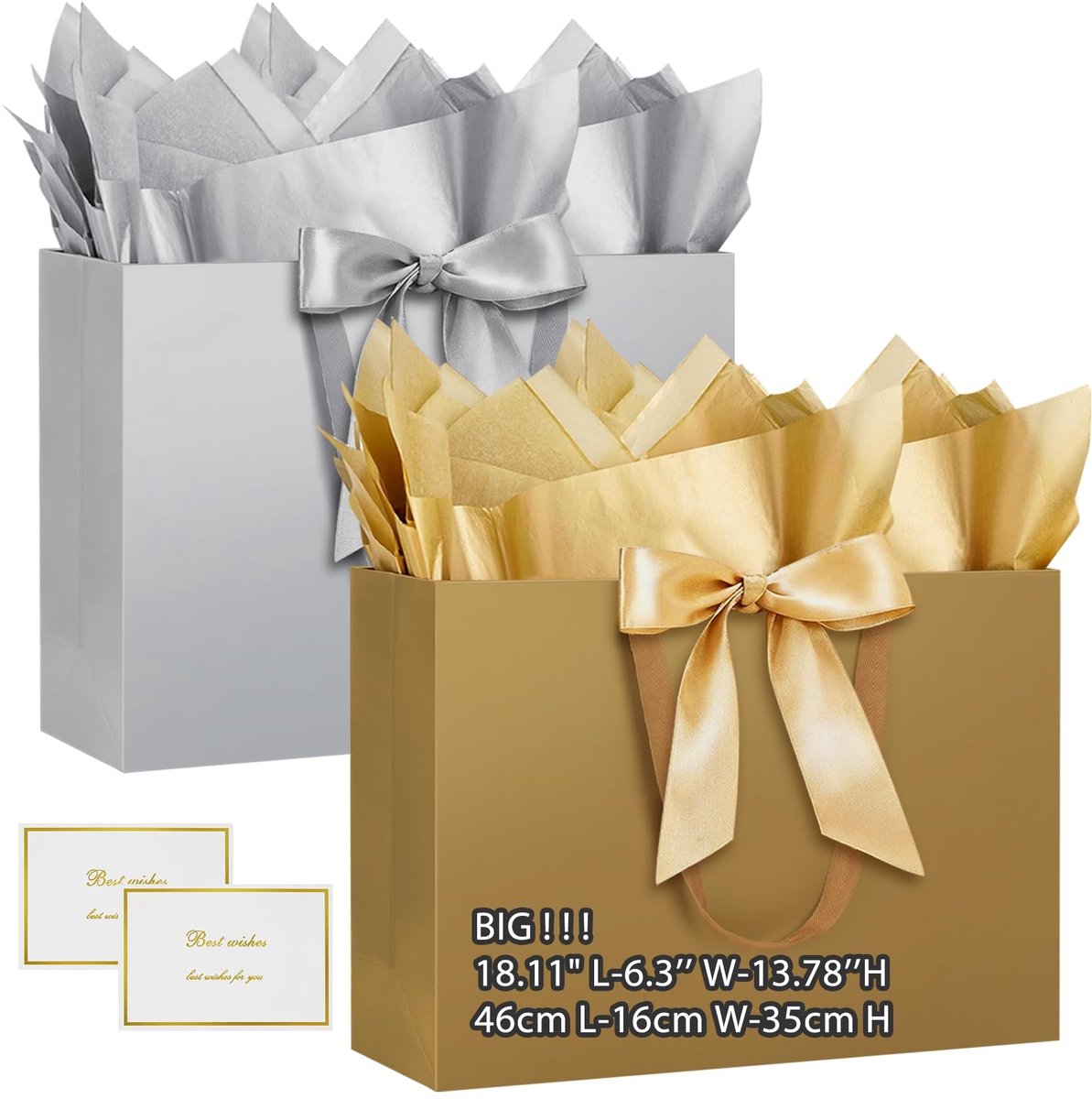 Solidchoice - Grote Cadeauzakjes met Zijdepapier en Wenskaarten - 2 Stuks voor Verjaardagsfeest en Bruiloft