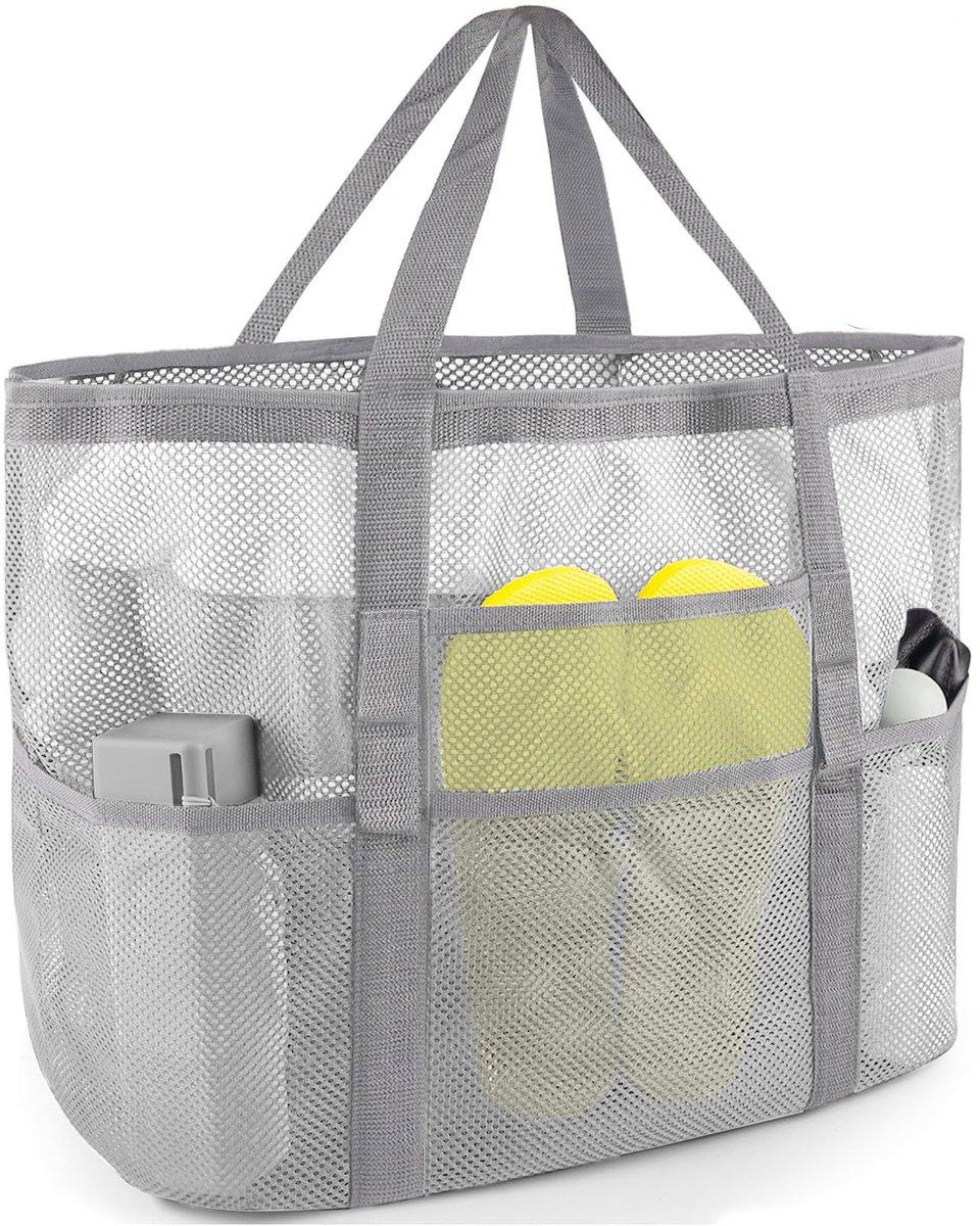 Strandtas - Grote strandtas - Strandtas van mesh - Tas voor zwemspullen - Ideaal voor stranduitjes met het gezin, vakanties en reizen - Grijs