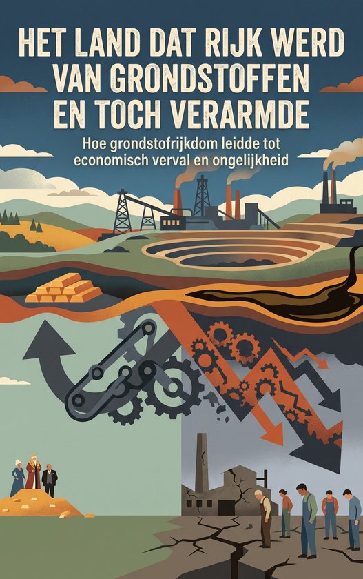 Boekomslag met illustratie van de overgang van welvaart naar verval door grondstoffen. "Het land dat rijk werd van grondstoffen en toch verarmde"