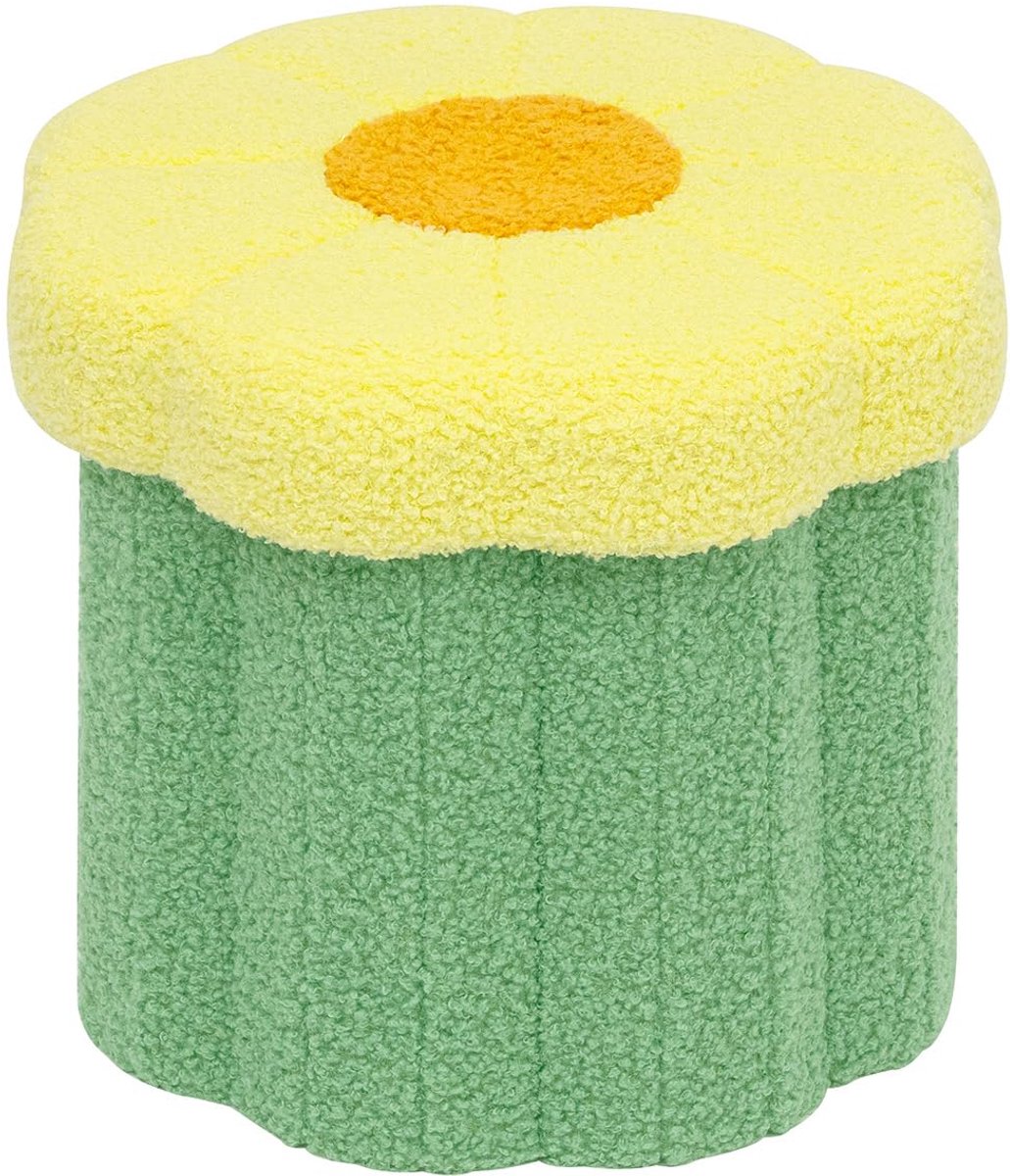 Bloemvormige Opbergpoef - Bouclé Voetenbank met Opbergruimte - Opvouwbare Zitkruk voor Woonkamer, Slaapkamer en Hal - Decoratieve Voetensteun en Extra Zitplaats - 32 x 32 x 29 cm - Groen