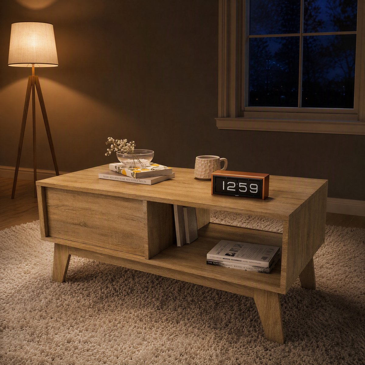 Scandinavische Salontafel 95 cm – Houten Look, met Schuifdeur met Latten, Opbergruimte & Open Vak