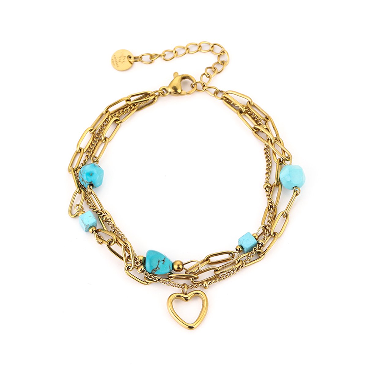 Matthew Studio® Armband Dames - Schakelarmband - Bedelarmband - Goudkleurig - Turquoise Kralen - Hart - RVS