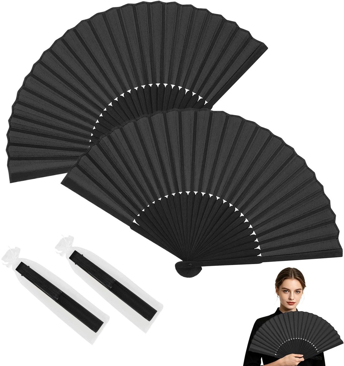 Solidchoice - 2 stuks Zwarte Opvouwbare Handwaaiers - Perfect voor Feest en Bruiloft