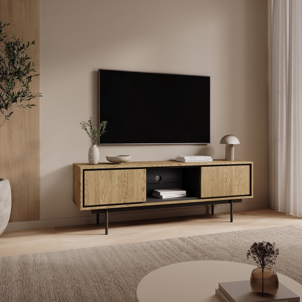 Meubella - Drenn - TV-Meubel - Licht eikenpatroom - 150x38x52 cm