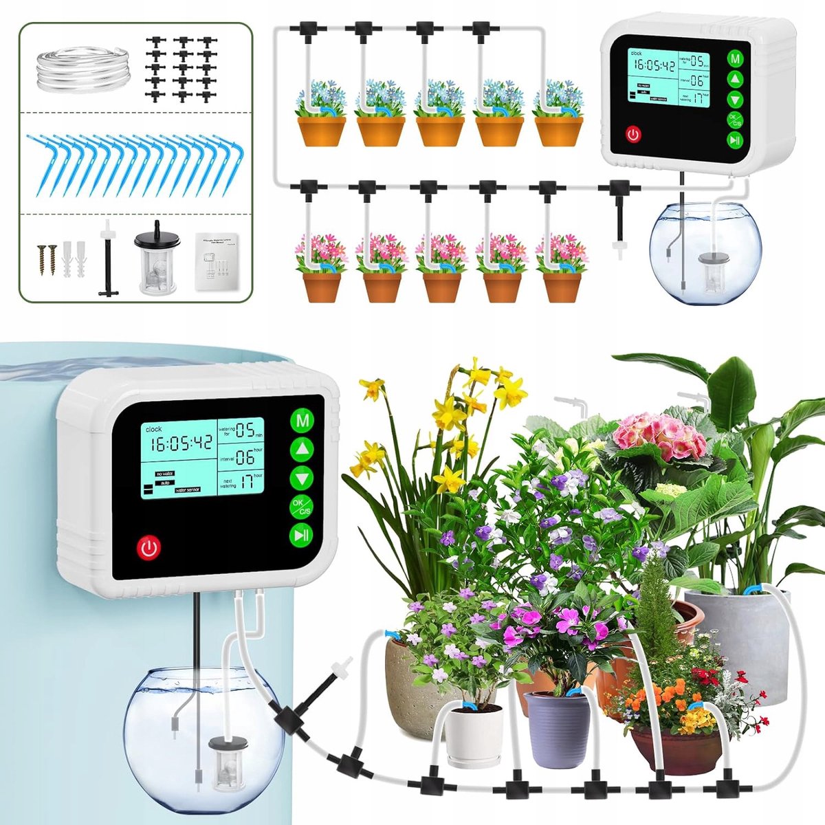 Automatische Bewateringssysteem - Irrigatiesysteem - Druppelirrigatie - 15 Planten - 880 Programma's - Anti-hevelontwerp - LED - Timer - Alarm Voor Watertekort - 400ml/min - 2200mAh - Voor Tuin en Balkon - Waterspaar