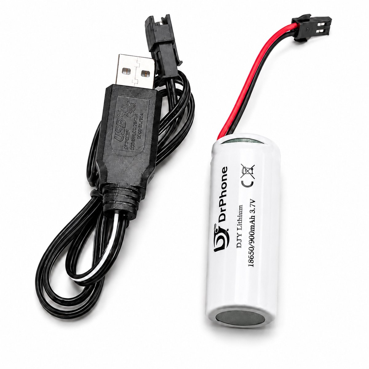 DrPhone 3.7V 900mAh Li-ion Accu 18500 + USB Oplaadkabel – RC Auto Batterij – Universeel – AmphiX1