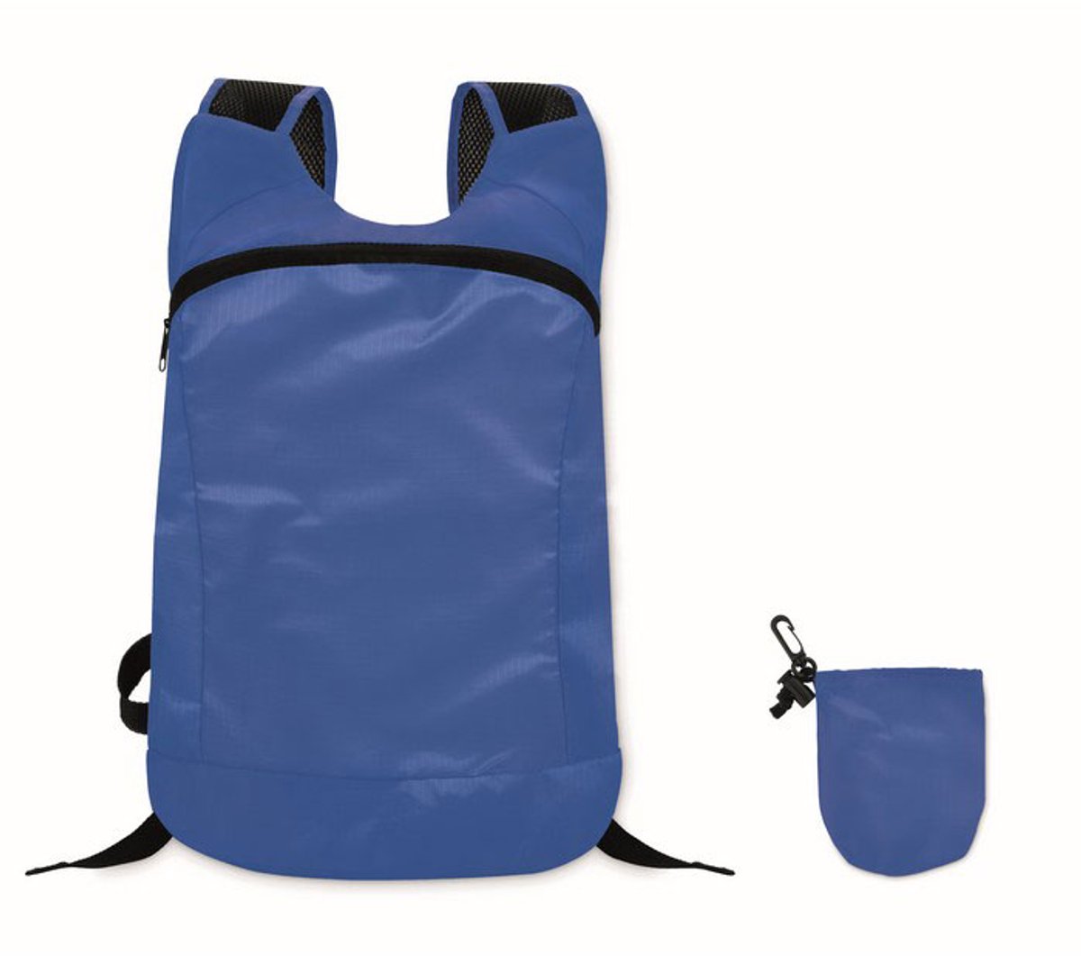 Opvouwbare sport rugzak van lichtgewicht ribstop polyester. Met groot hoofdvak met rits en verstelbare mesh schouderbanden. Inclusief afneembare opbergpouch. Blauw