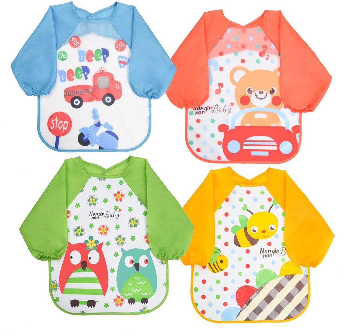 Casalora Baby Slabbetjes met Mouwen - Slab 4 -Pack - Kwijldoekjes voor Baby’s en Kinderen - Perfect voor Voeden, Kwijlen en Bescherming van Kleding - Perfect voor Voeden, Kwijlen en Bescherming van Kleding