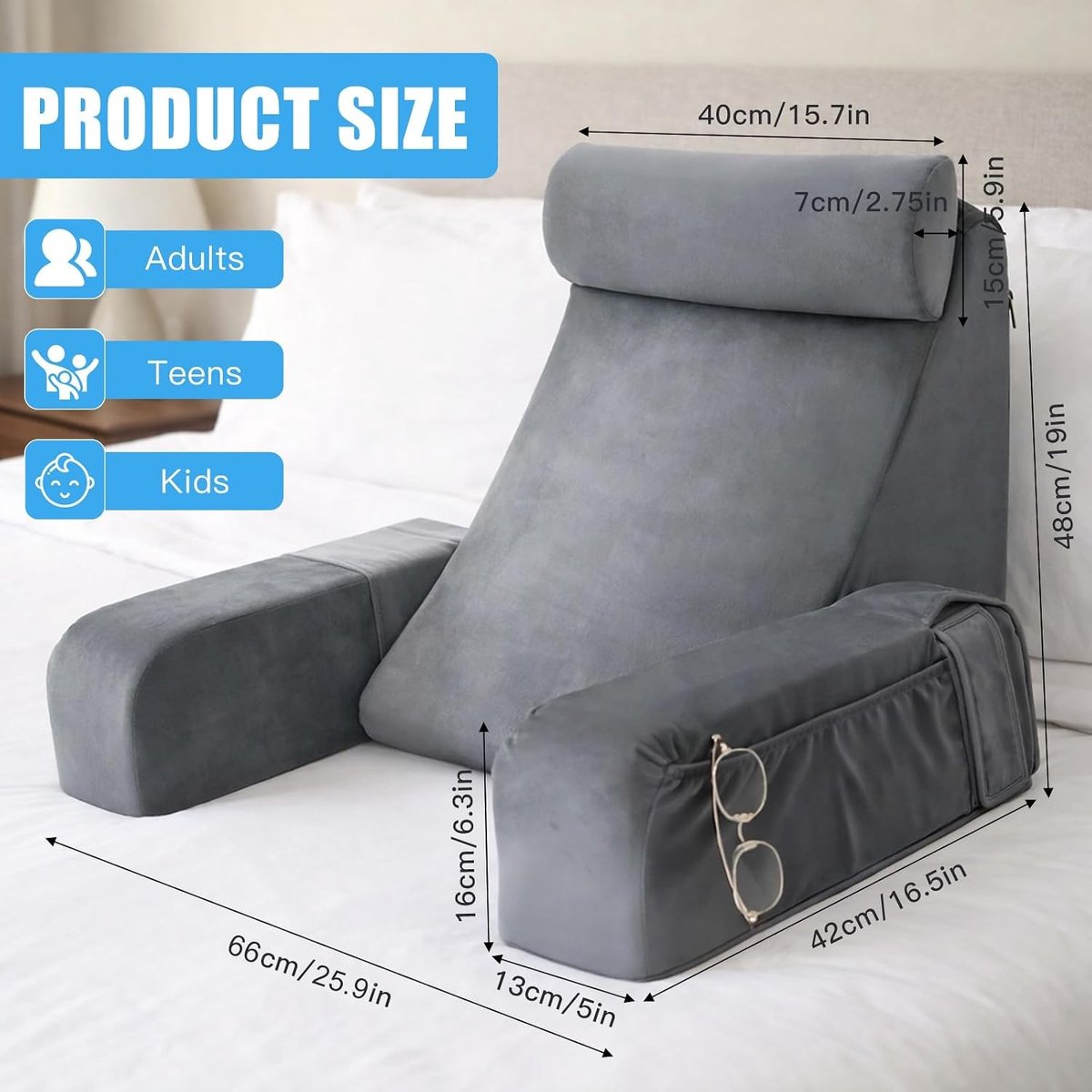 Leeskussen - Grijs - 40 x 42 x 48 cm - Ergonomisch met Afneembare Nekrol en Armleuningen - Voor Lezen en Ontspannen