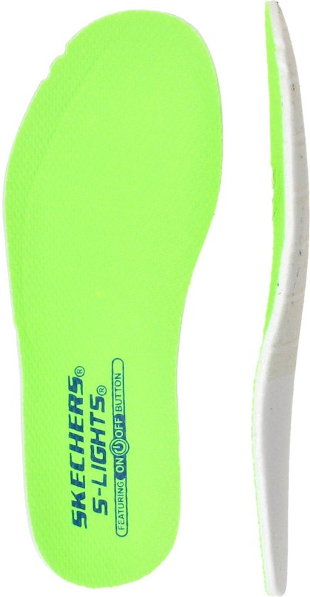 Limegroene Skechers S-Lights binnenzool met tekst.