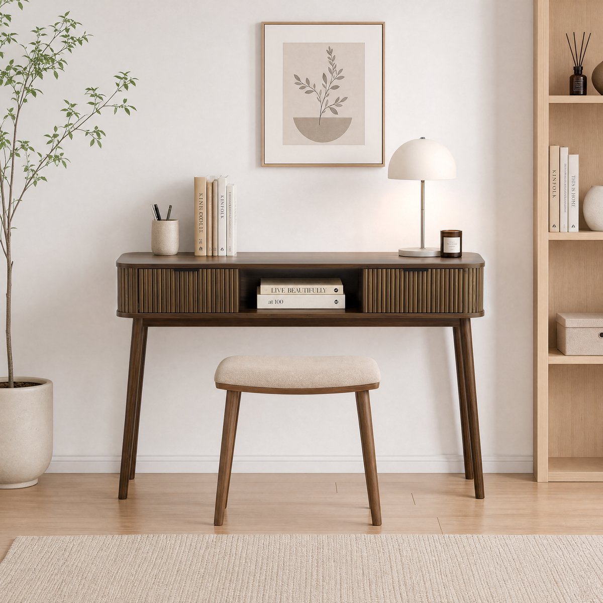 MIVRAY Sidetable - Mid Century Console Met 2 Lades En Open Vak - Voor Hal En Woonkamer - Walnoot Optiek - 120 X 35 X 77,6 Cm