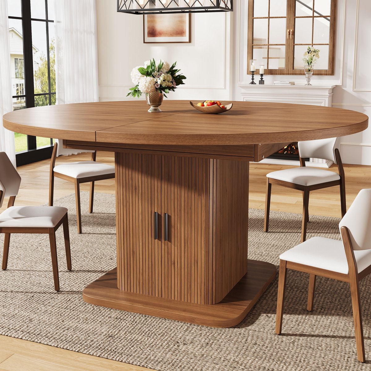 MIVRAY Ovale Uitschuifbare Eettafel Met Opbergruimte En Schuifdeuren Voor Eetkamer En Woonkamer MDF Metaal 110 Tot 149,8 Cm