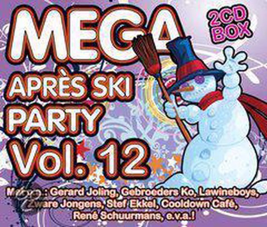MEGA Après Ski Party Vol. 12 CD box met een vrolijke sneeuwpop met bezem en hoed.