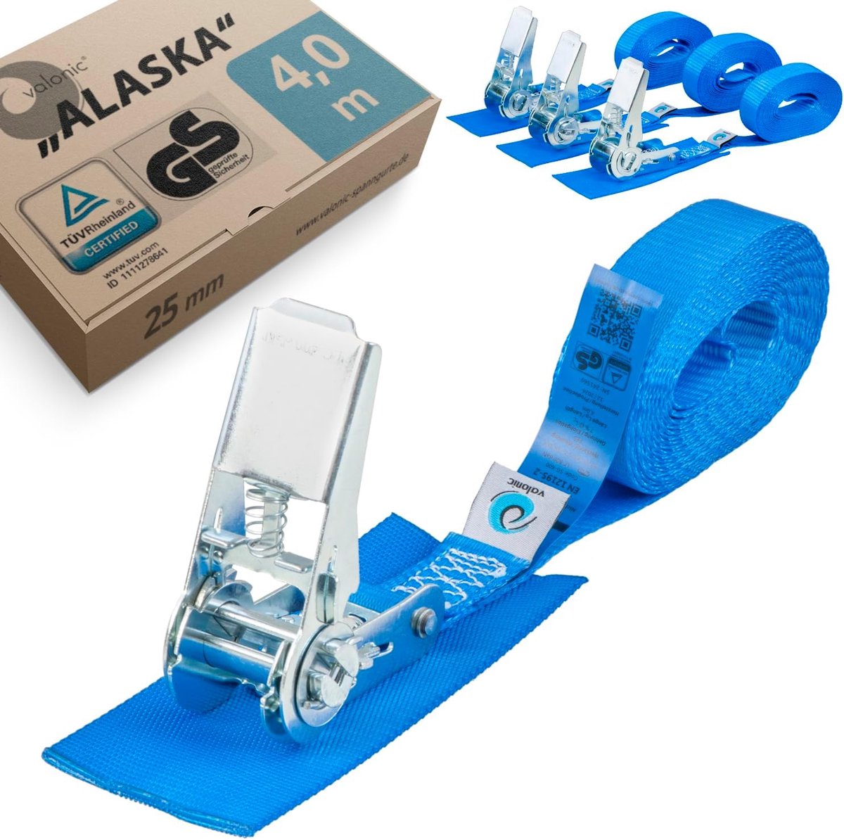 valonic ALASKA - 4 x 4 m Lashing Straps with Ratchet, 25 mm, 800 kg, Padded, TÜV Rheinl. / GS Certified, EN-12195-2 - ShopVlot
