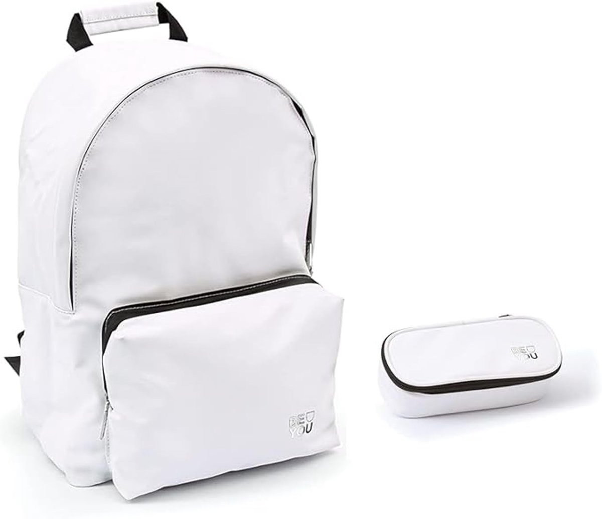 FCP Be You Leisure School Backpack, White + Oval Zipper Pouch + 7 Erasable Pens and Coloured Pen, Multicoloured., One - ShopVlot