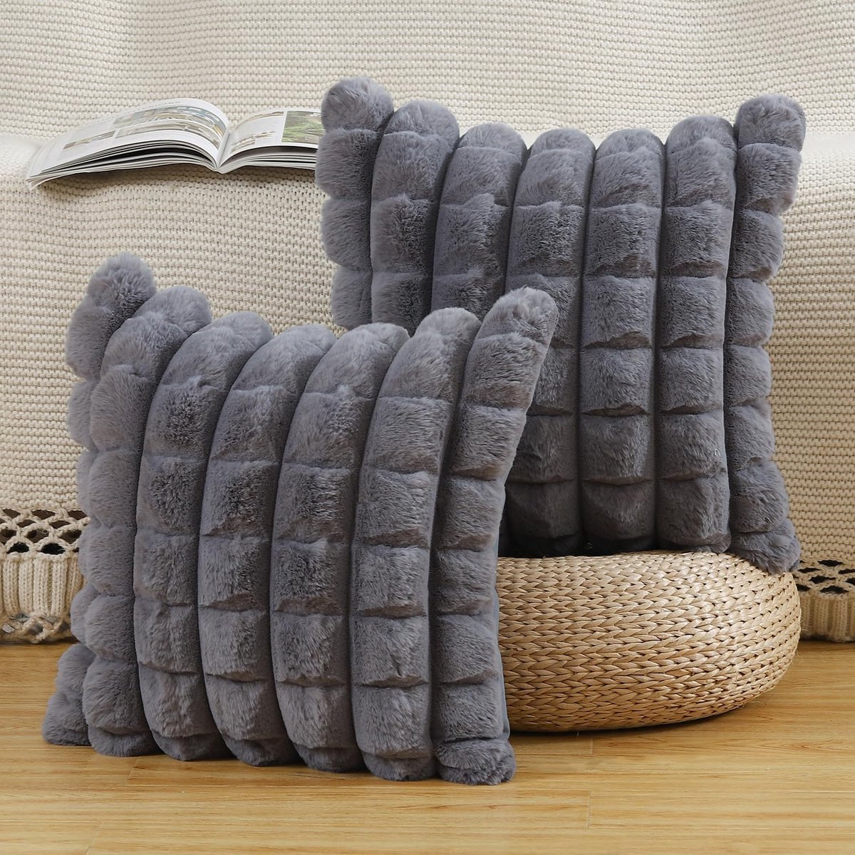 MADIZZ Set of 2 Plush Faux Wool Decorative Pillow Cases Soft Decorative Cushion Cover for Sofa Bedroom Pillowcase - ShopVlot