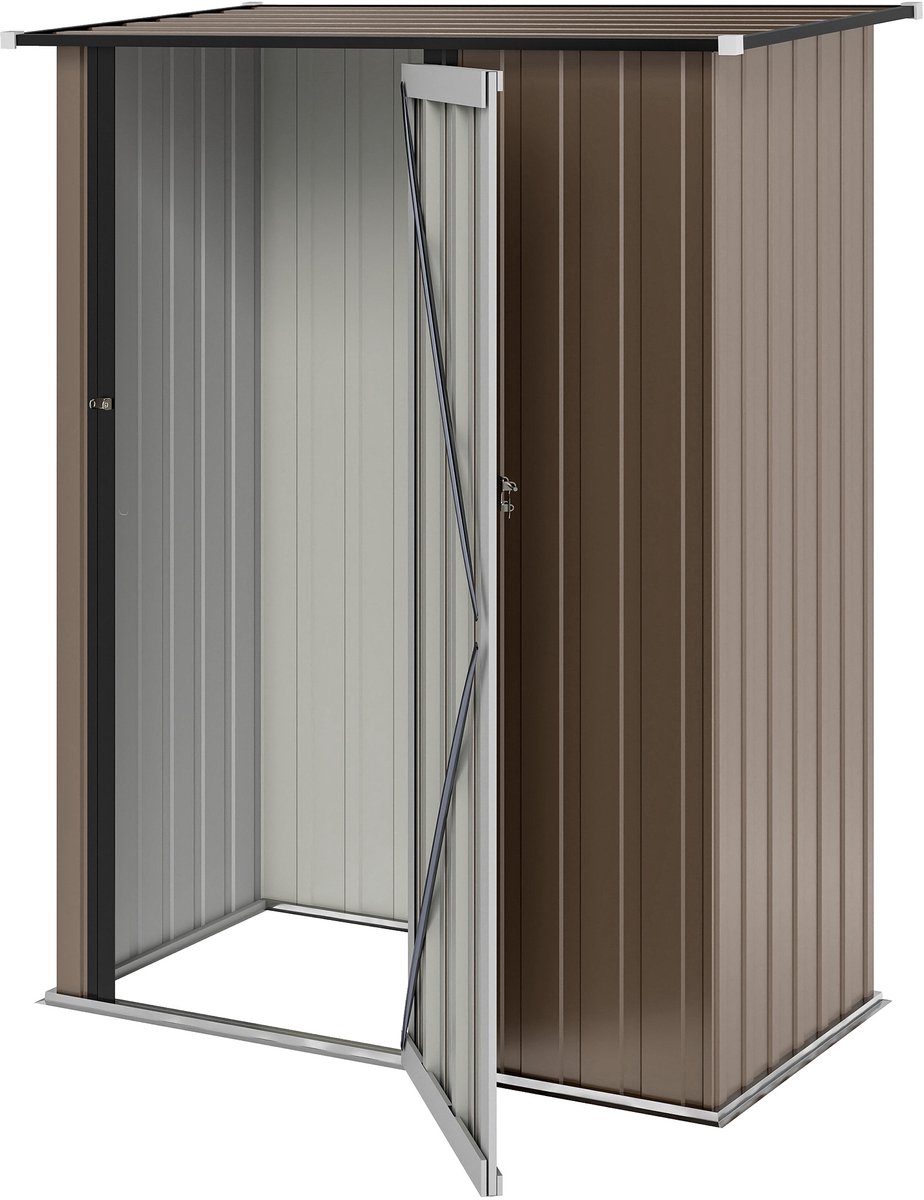 142 x 86 x 189 cm Tuinhuisje met Schuin Dak, Gereedschapsschuur met Afsluitbare Deur, Metalen Berging voor Tuingereedschap, Buitenopslag, Tuinkast, Fietsenberging, Opslaghuisje voor Tuin en Terras, Tuinberging, Bruin