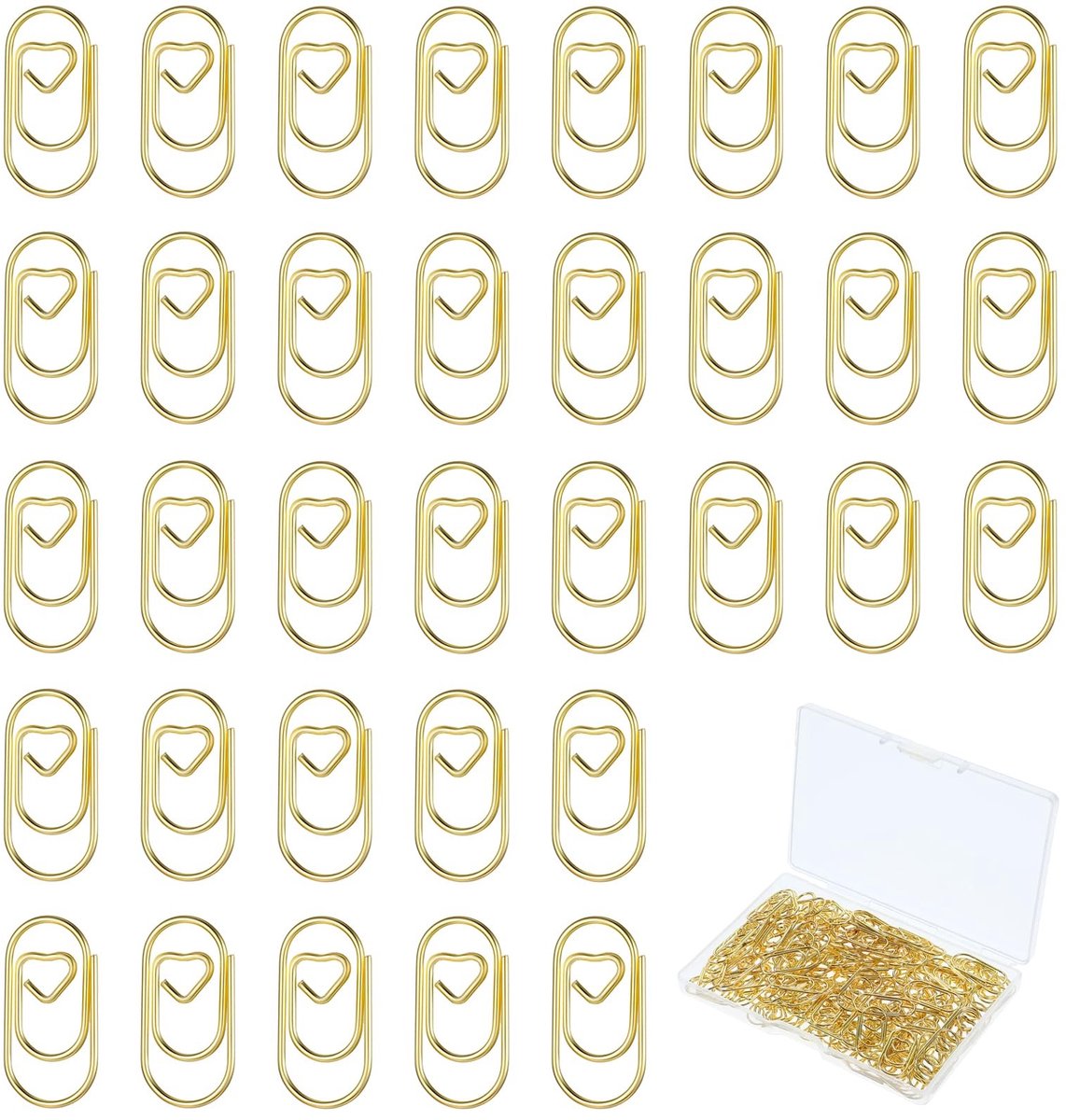 Solidchoice - Set van 150 Hartvormige Paperclips in Goud met Transparante Opbergdoos