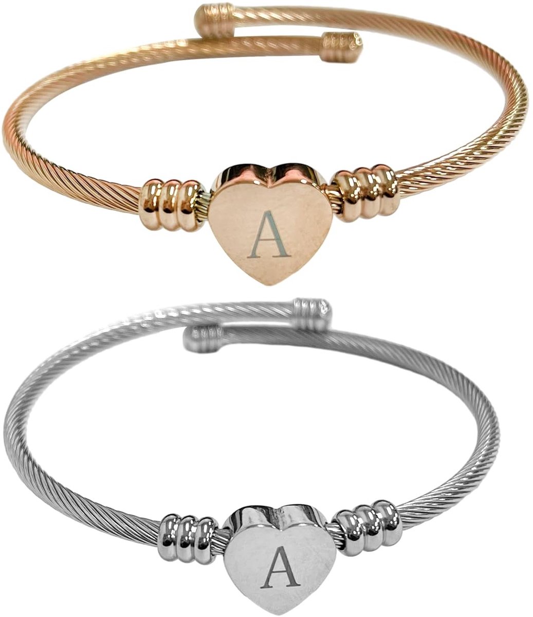 Solidchoice - 2 Stuks Gepersonaliseerde Letterarmbanden, Koppelarmbanden, Zilver & Roségoud