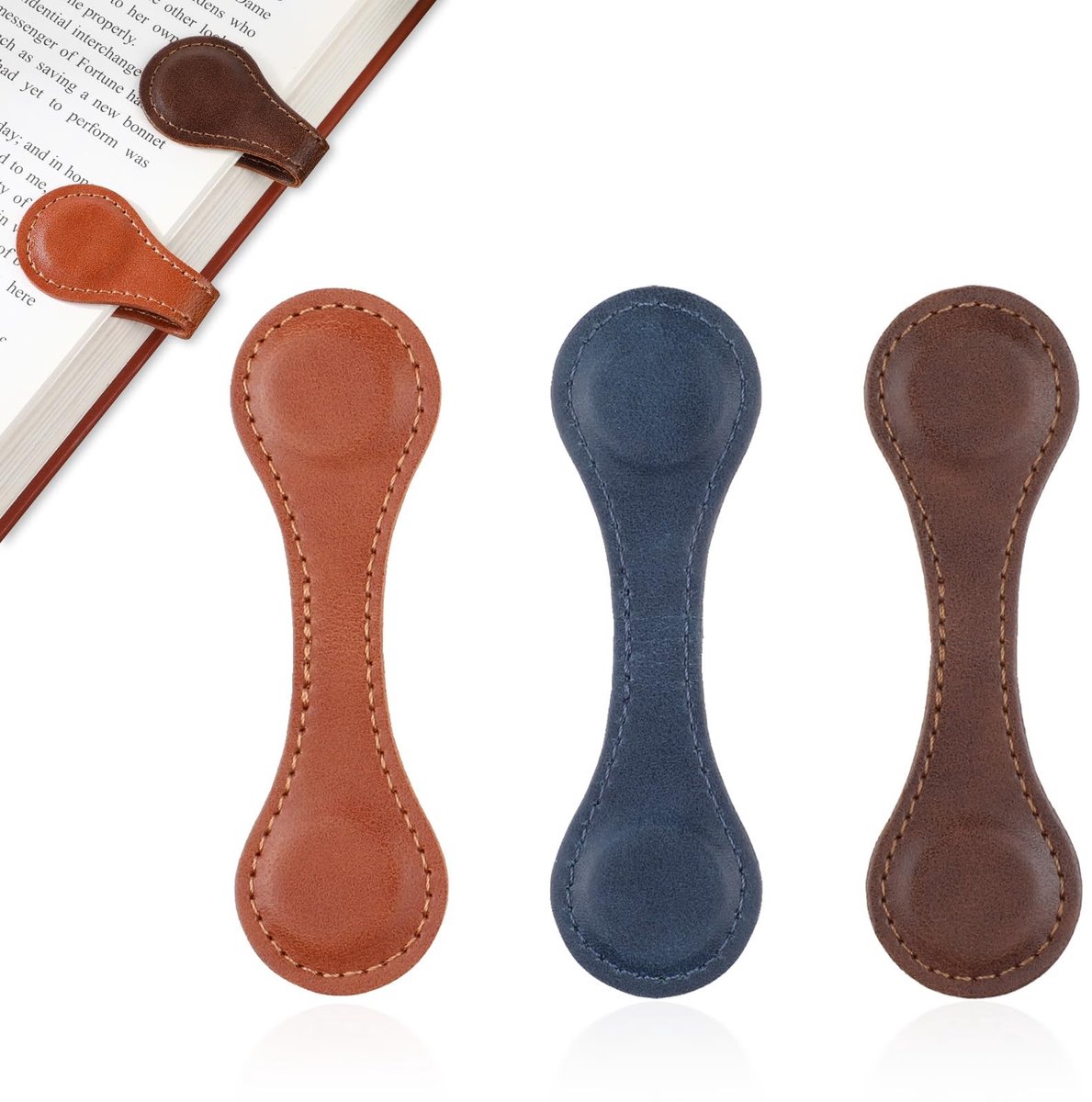 Solidchoice - Set van 3 Dubbelzijdige Leren Magnetische Boekenleggers