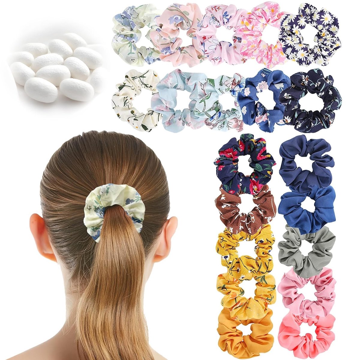 Solidchoice - Set van 20 Chiffon Haarelastieken met Bloemenpatroon