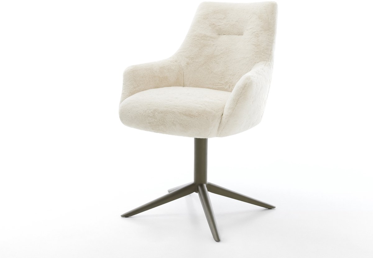 Eetkamerstoel Alja-Flex met armleuning kruispoot afwerking met titanium pluchen crème-wit 360° draaibaar rocker-functie pocketveer kern