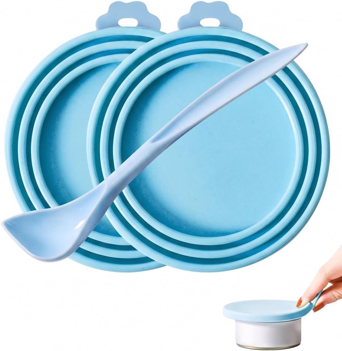 Dosendeksel, set van 3, 2 siliconen deksels blauw + spatel, universele bliksluiting, hygiënisch, vers houden en - ShopVlot