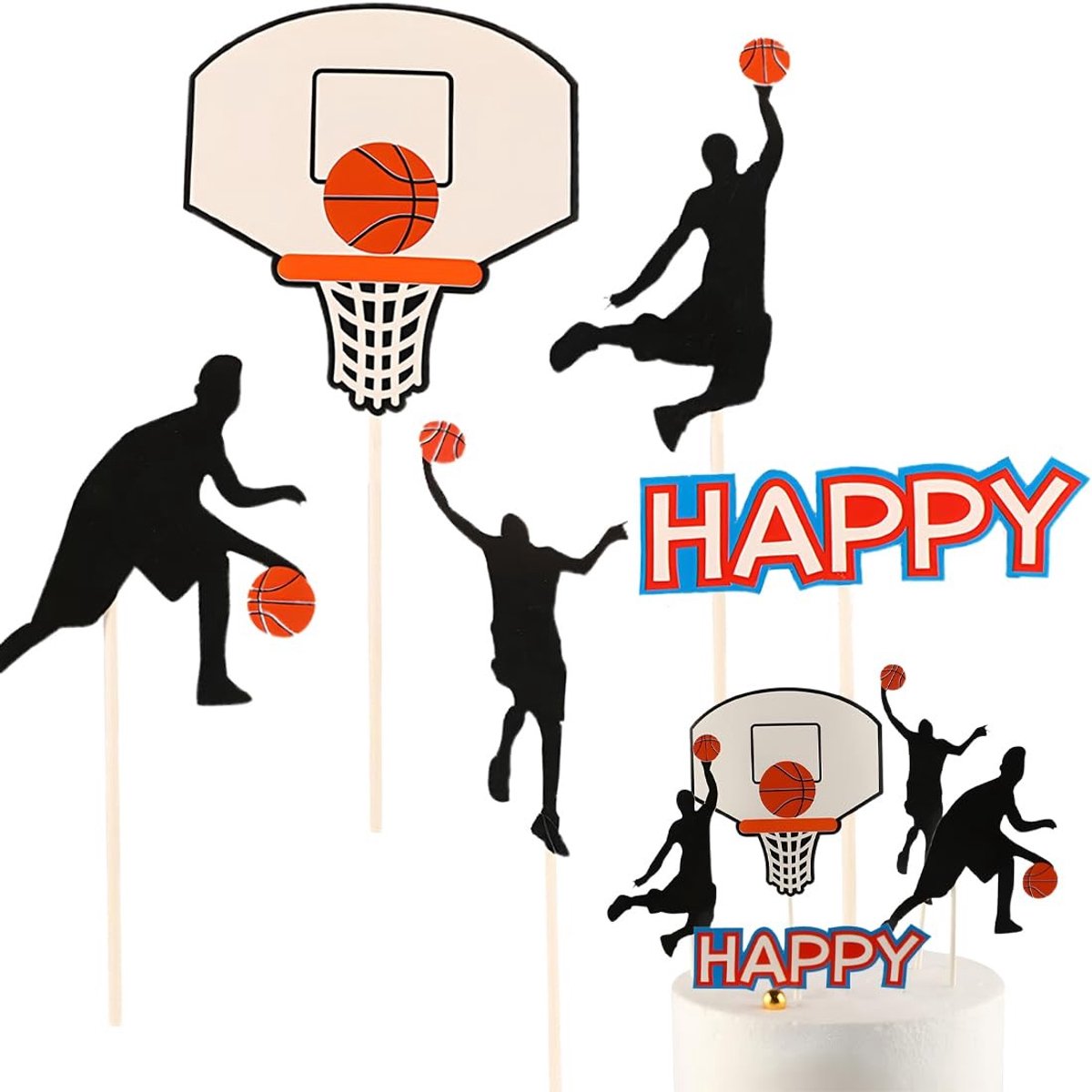 Solidchoice - 4 Stuks Basketball Taartdecoratie voor Verjaardagen
