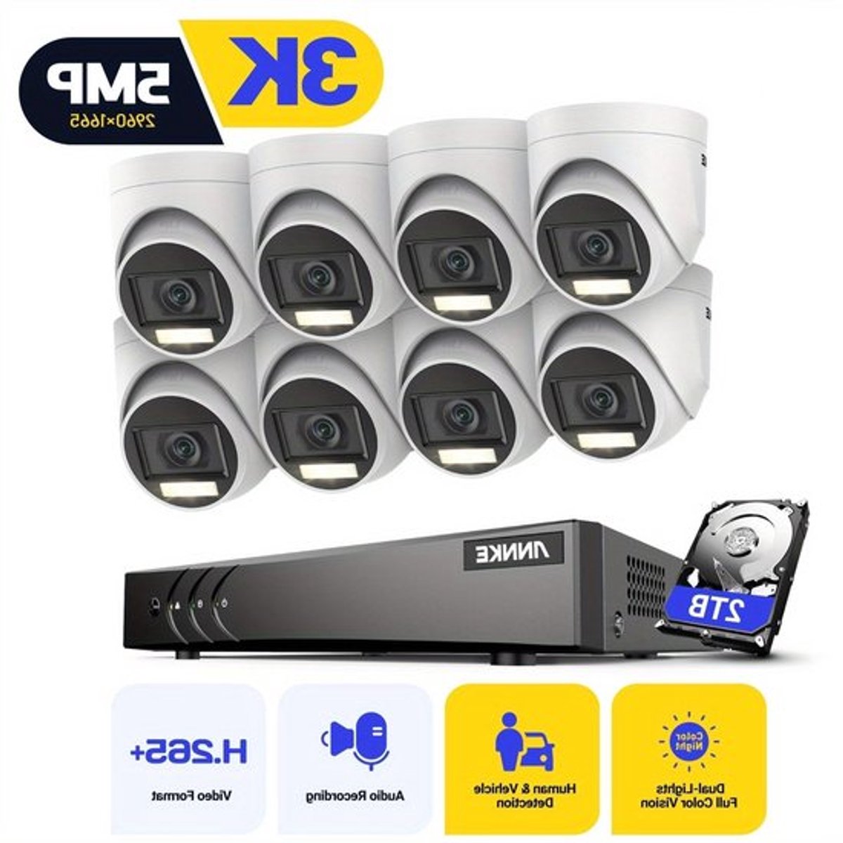 Beveiligingssysteem – Bewakingscamera Set – CCTV Cameras – 16-Kanaals Recorder – 2TB HDD Variant – Slim Kleurennachtzicht – AI Detectie Met Audio