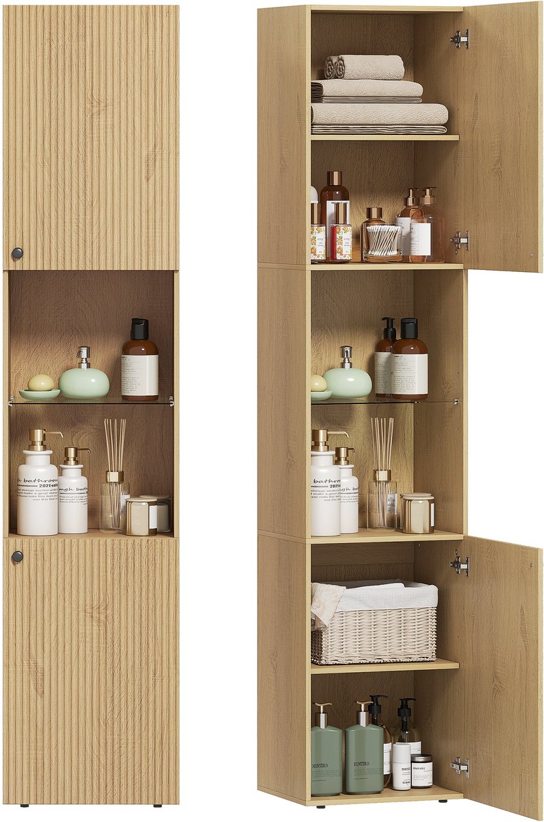 ECTEATOY® Hoge Badkamerkast Smal - Kolomkast met 6 Planken, 2 Deuren en Open Vakken - Eiken Look - 40 x 31 x 182 cm