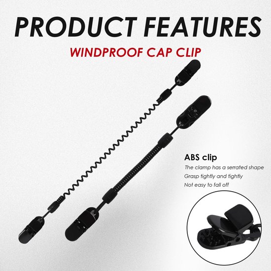Verpakking met 4 hoedenhouders, windbescherming met intrekbare veerkabel, hoedenriemclip, geschikt voor golf, vissen, boottochten en zeilen, zwart — afbeelding 3