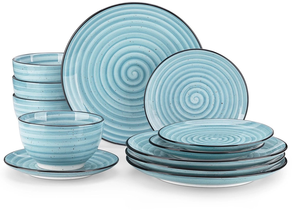 Home & Beyond® Serviesset - 12-delig Servies voor 4 Personen - Bordenset met Kommen - Handgeschilderd Spiraalpatroon - Blauw - 12 Stuks
