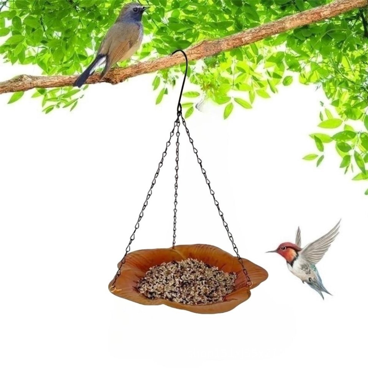 Hangende metalen vogelvoederbak in de vorm van een lotusblad – Smeedijzeren voerschaal voor buiten (24 x 24 x 2,8 cm) – Stabiel hangende vogelvoederbak voor de tuin
