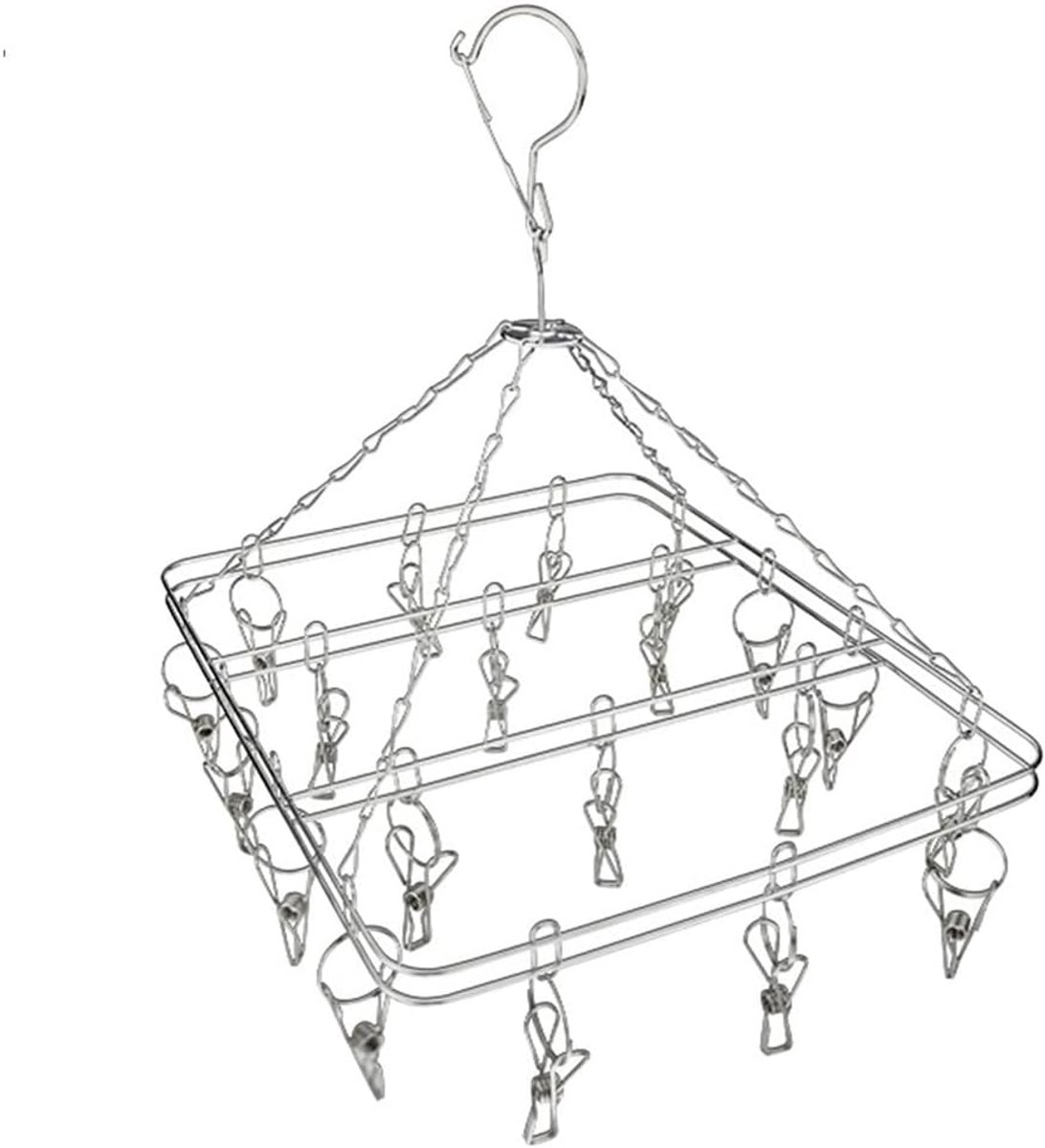 Kledingrek - Sokkenrek - Roestvrijstalen kledingrek - Rechthoekig kledingrek van roestvrij staal - 20 klemmen - 38 × 30 cm - Geschikt voor het drogen van sokken, handdoeken, bh's, ondergoed en andere kleine items - Zilver