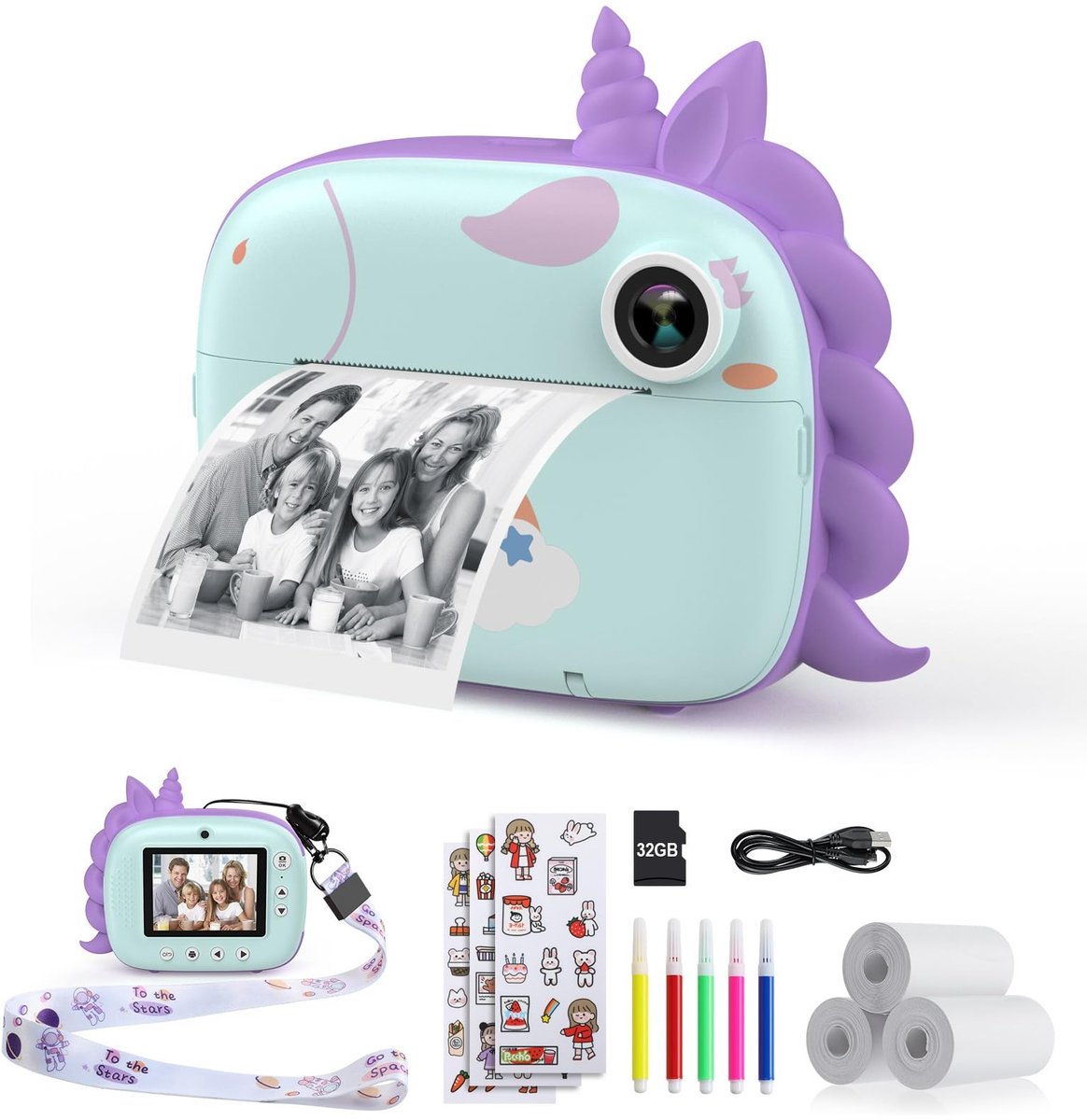 Solidchoice - Kinderfotocamera - Digitale Camera met Printpapier en 32G TF Kaart