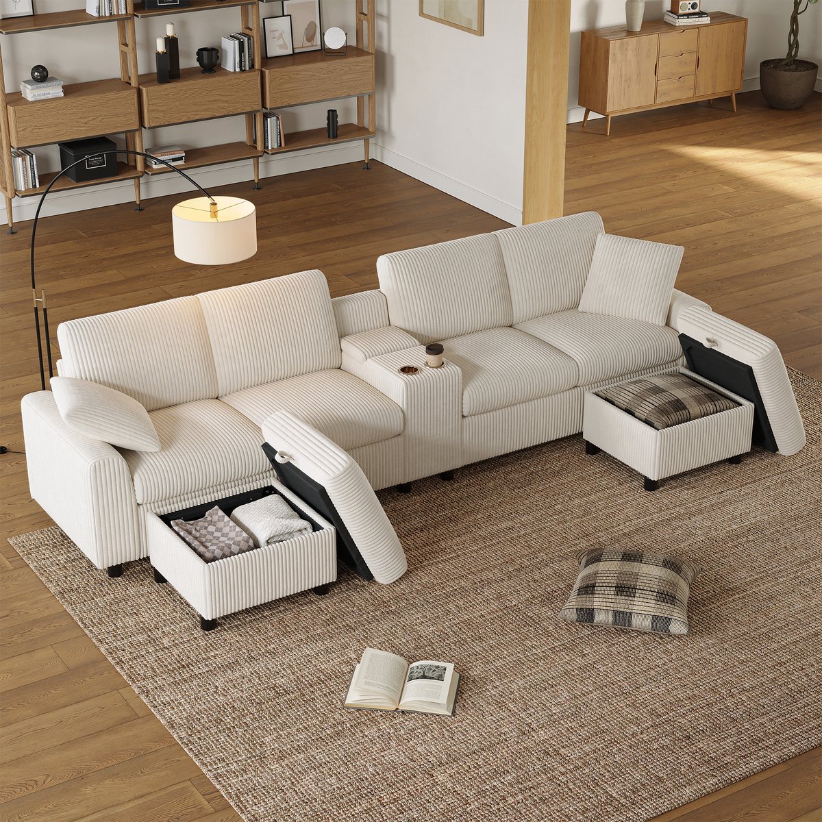 U-Bank - 4-Zits Modulaire Hoekbank Met Opbergbare Hockers - Ribstof Lounge Bank Met USB, Type-C En Stopcontacten - Inclusief Salontafel - Beige