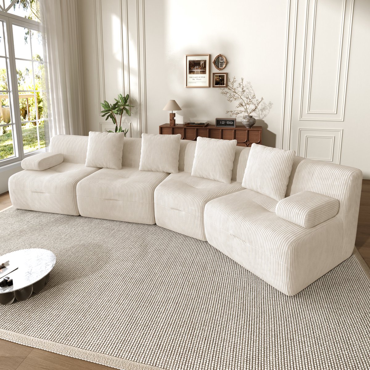 311x90x65 cm Compressiebank - Geribd Fluweel Bank Voor Woonkamer & Apartment - Beige, Lichtbeige