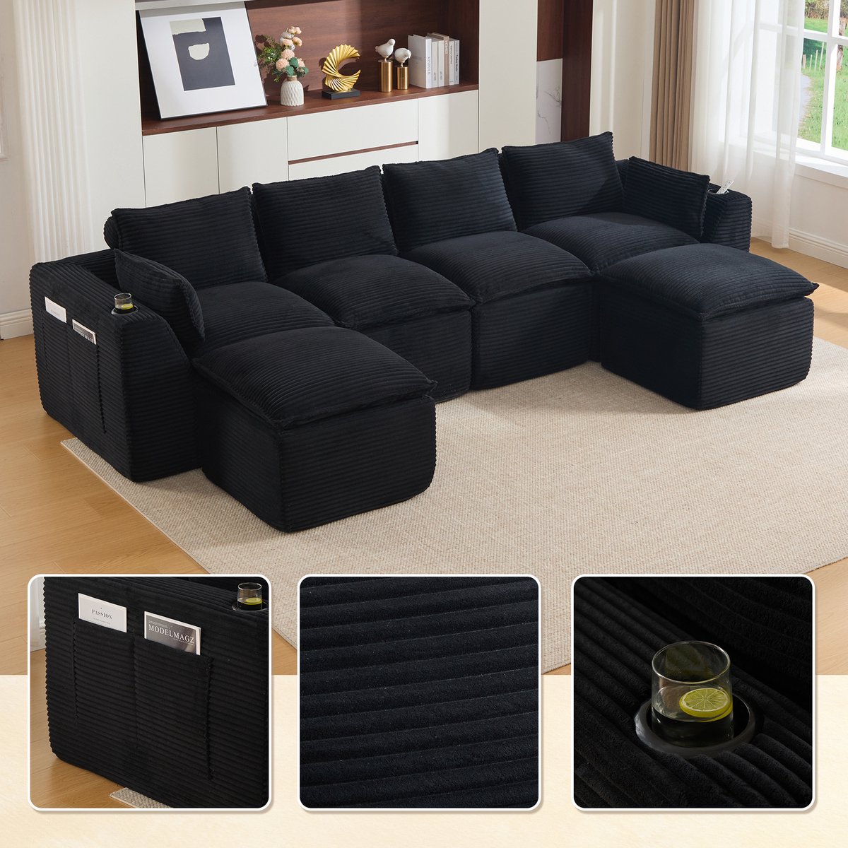 Modulaire Hoekbank 4-Zits - Ribstof Lounge Bank Met 2 Hockers, Opbergtassen, Bekerhouder, Zachte Zit, Zwart