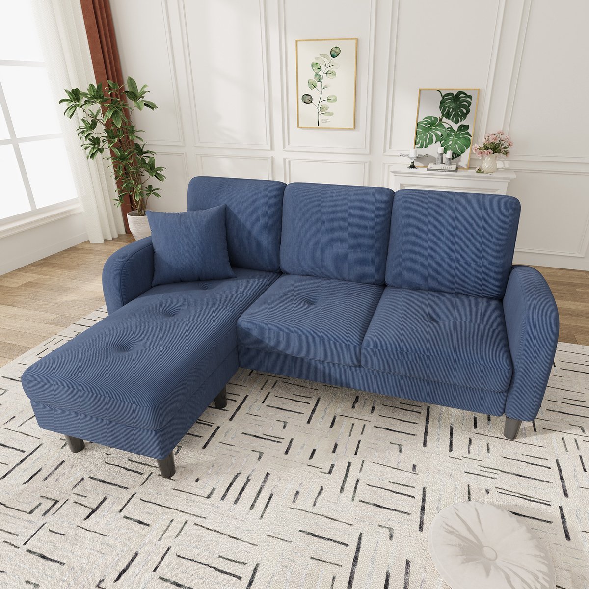 Modulaire Hoekbank 3-Zits - Ribstof Lounge Bank Met Chaise Longue - Compacte L Bank Voor Woonkamer - Blauw