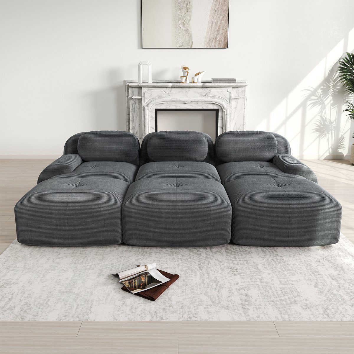 Modulair Corduroy 3-Zits Sofa met 3 Krukken - 298x178x70 cm, Grijs