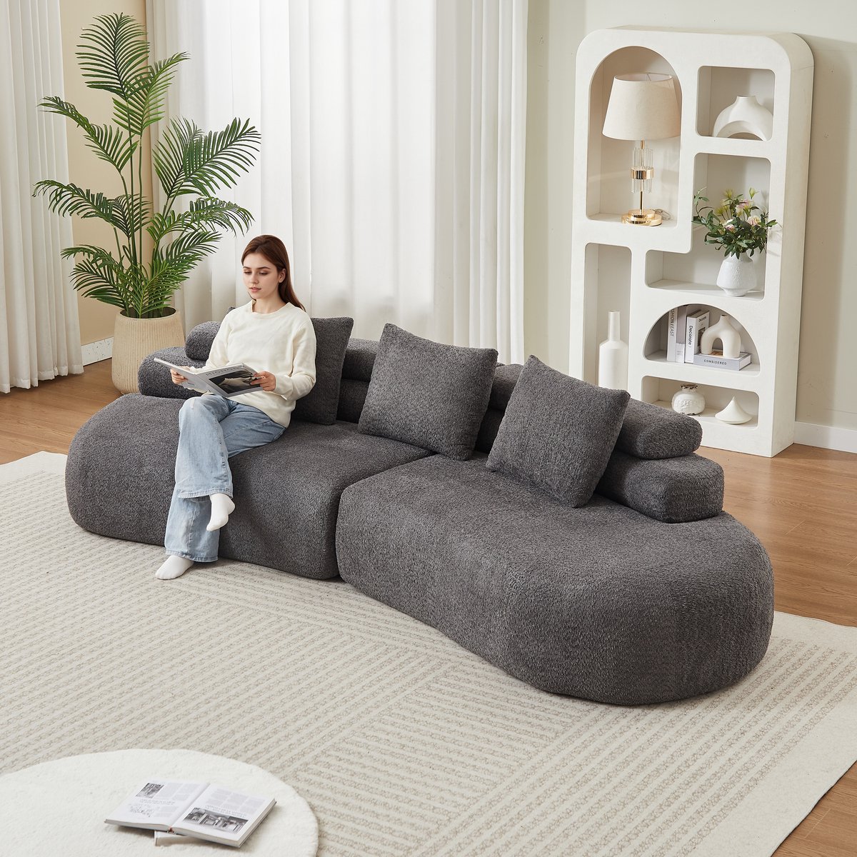 Modulaire Hoekbank - 2 Zits Chenille Sofa Met Rond Design - Gebogen Crescent Bank Zonder Harde Randen - Zachte Lounge Bank Voor Woonkamer Kinderkamer - Comfortabele Cloud Sofa - Antraciet